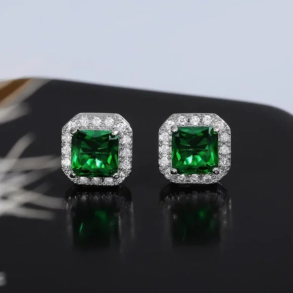 🆕 Green 2.50 Carat Halo Diamond Earring Studs, 18K White Gold Hypoallergenic 🆕 - Picture 6 of 6